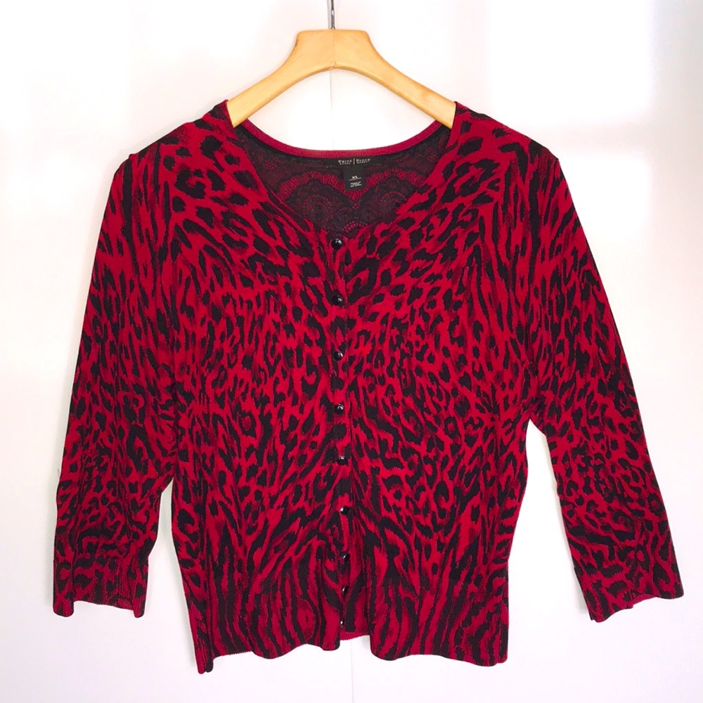 WHITE HOUSE BLACK MARKET Red Black Animal Print Holiday Cardigan Sweater SIZE XL